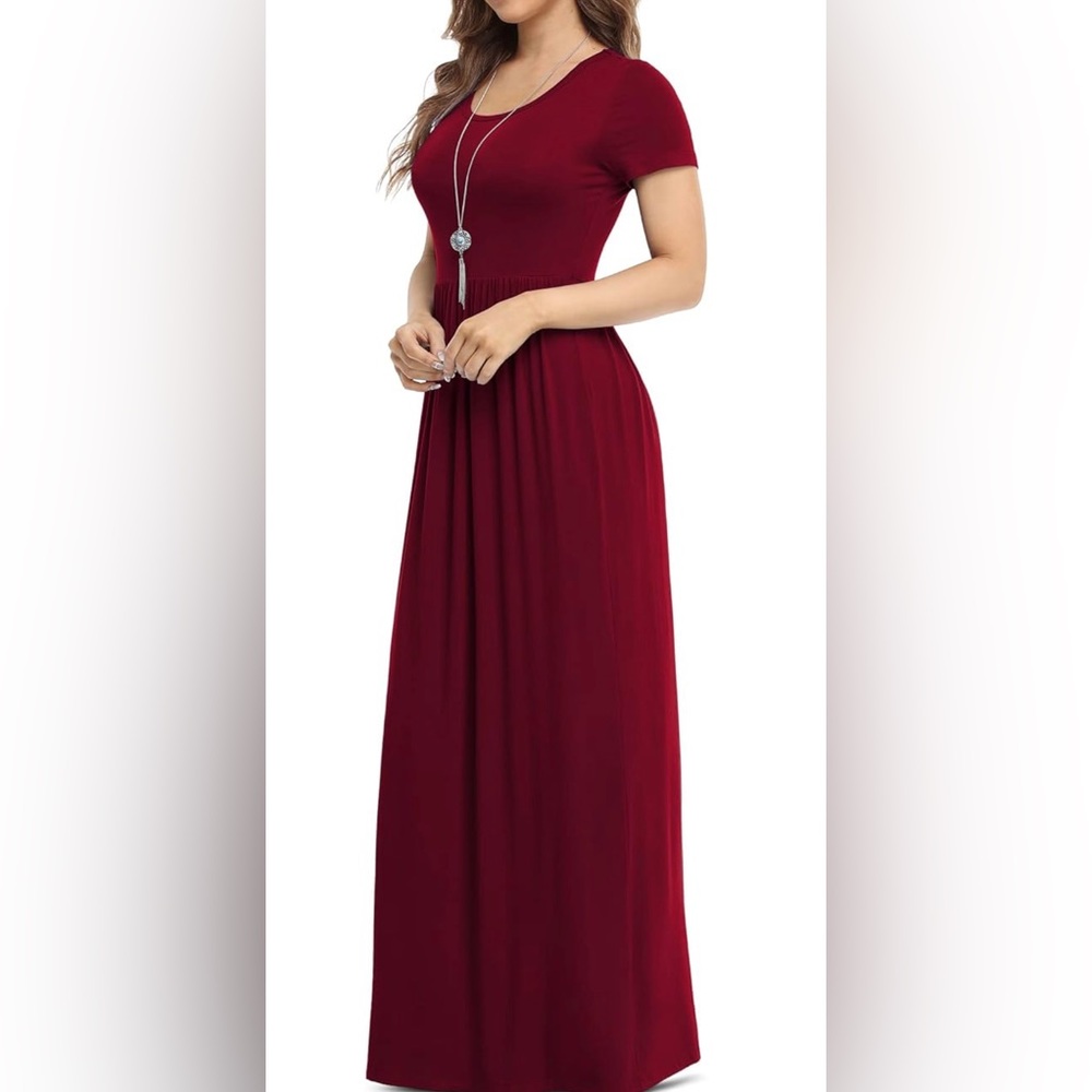 Simple, cotton plus size burgundy dress with pockets. - Picture 3 of 4